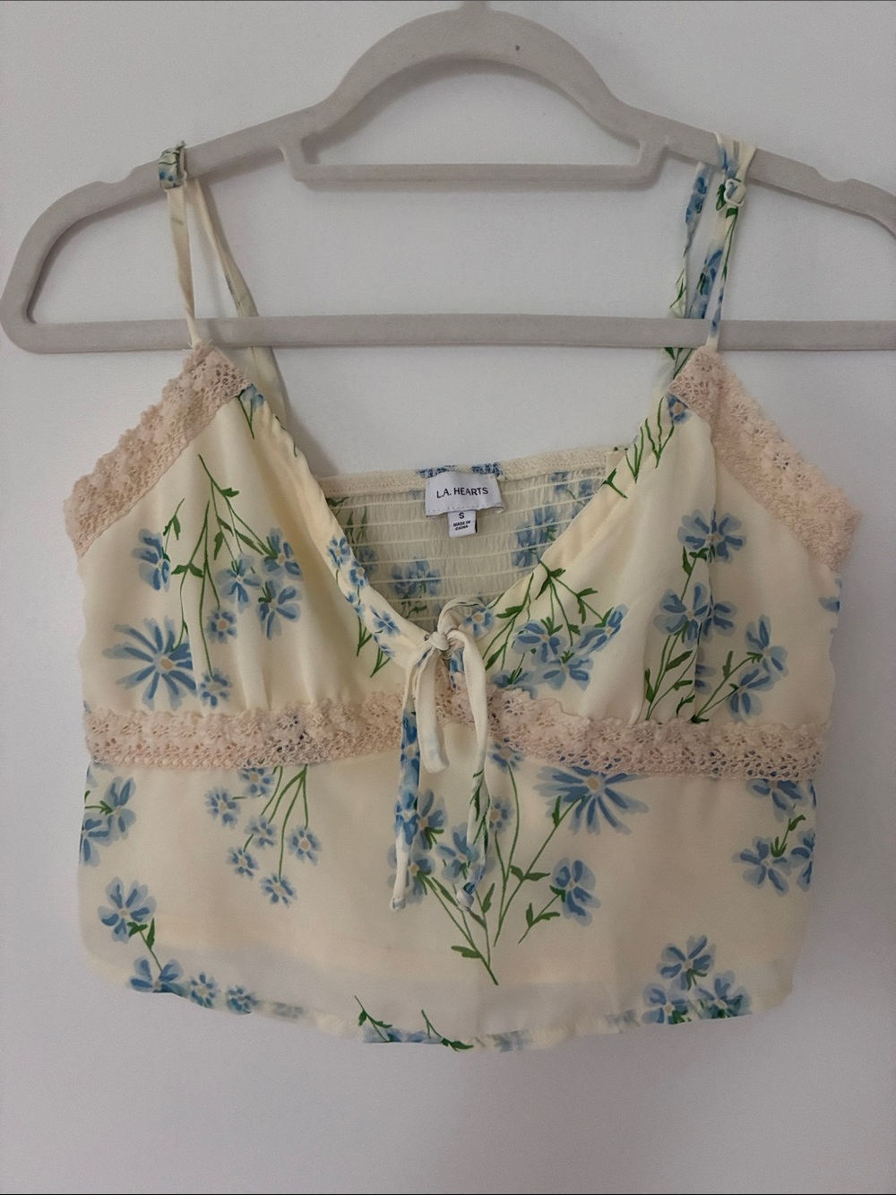 La Hearts Cream Cami with Blue Floral Print and Lace Trim